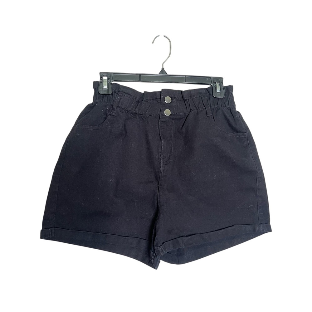 Womens Black Paperbag Waist Cotton blend Denim Shorts High Rise Cuffed Size L